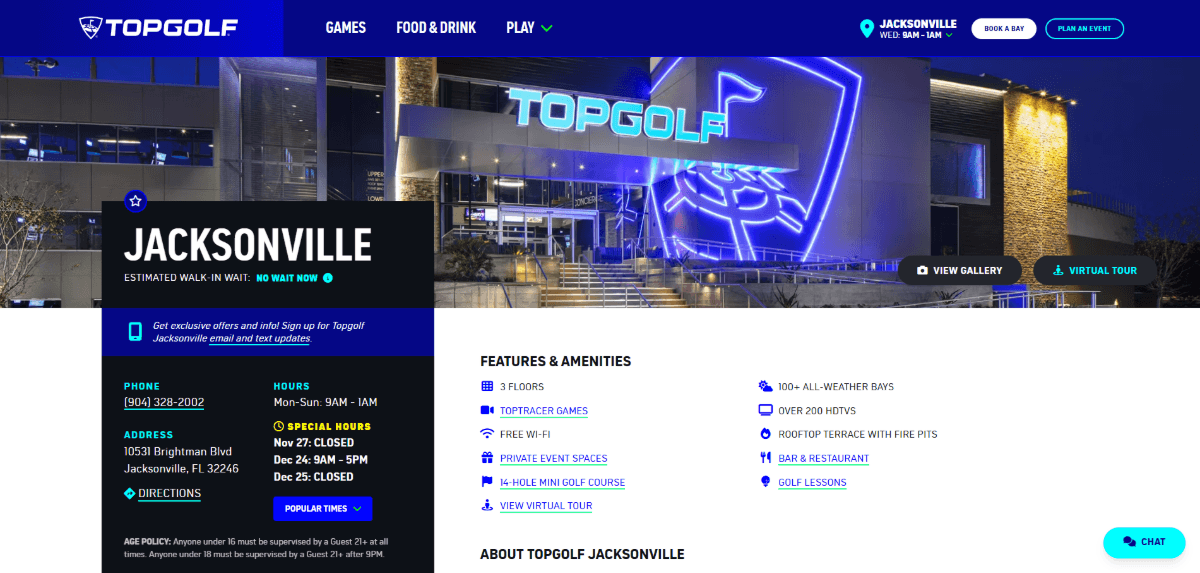 This is the landing page for Topgolf in Jacksonville. There’s a large photo at the top of the location all lit up at night. Below it are details like Phone, Hours, Address, Special Hours, and Features & Amenities.