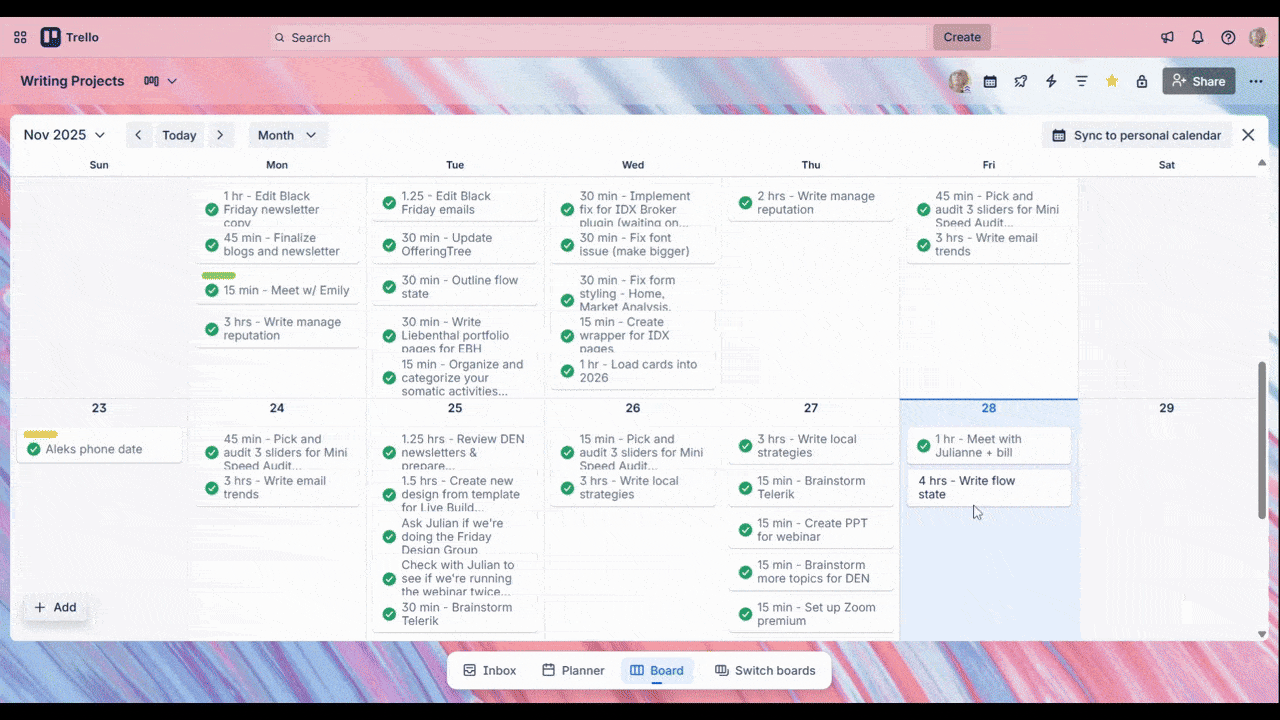 Trello task completion A video showing a user completing tasks and closing out a card in Trello. They click on a task that is in full color but without a green complete circle next to it. The card opens and they go down to the checklist of To-dos. As they click each one, the box fills with a checkbox and turns blue. The task name also gets a strikethrough. A progress bar tracks their progress until it lights up green when they’re done with all tasks. They then click the hollow circle next to the task name, which turns green.