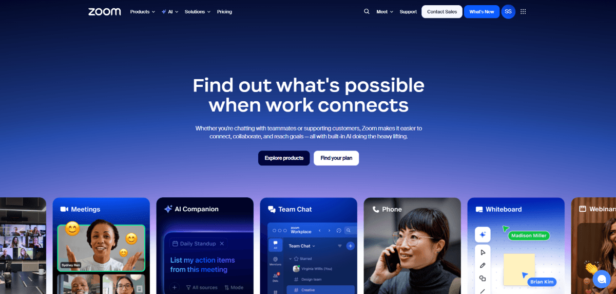 Zoom home page Screenshot of the Zoom homepage. In the top-right corner is a personalized collection of buttons and options for the logged in user. There’s a search icon, Meet dropdown, Support link, Contact Sales button, What’s New button, SS (user name) button and a More Options icon.