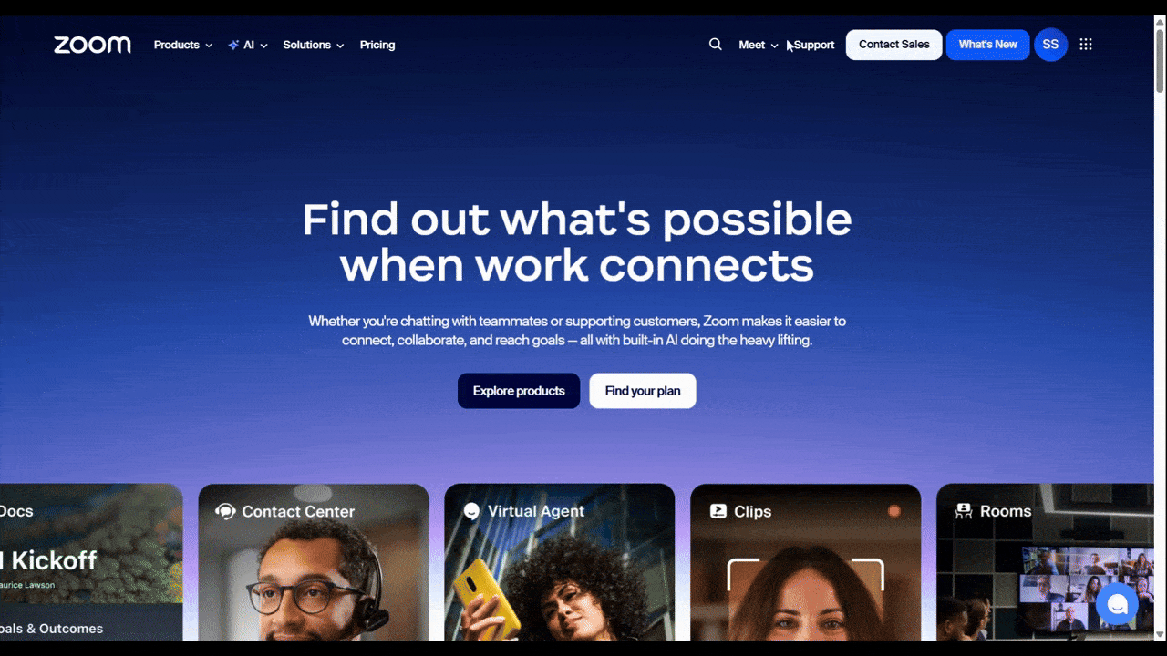 Zoom navigation exploration Video showing the homepage of Zoom. The new user clicks on the “Meet” dropdown and sees three options for meeting: Join a meeting, Host a meeting and Download app. They then click on the account bubble and find options for: Settings, Add Account, Web App and Sign Out.
