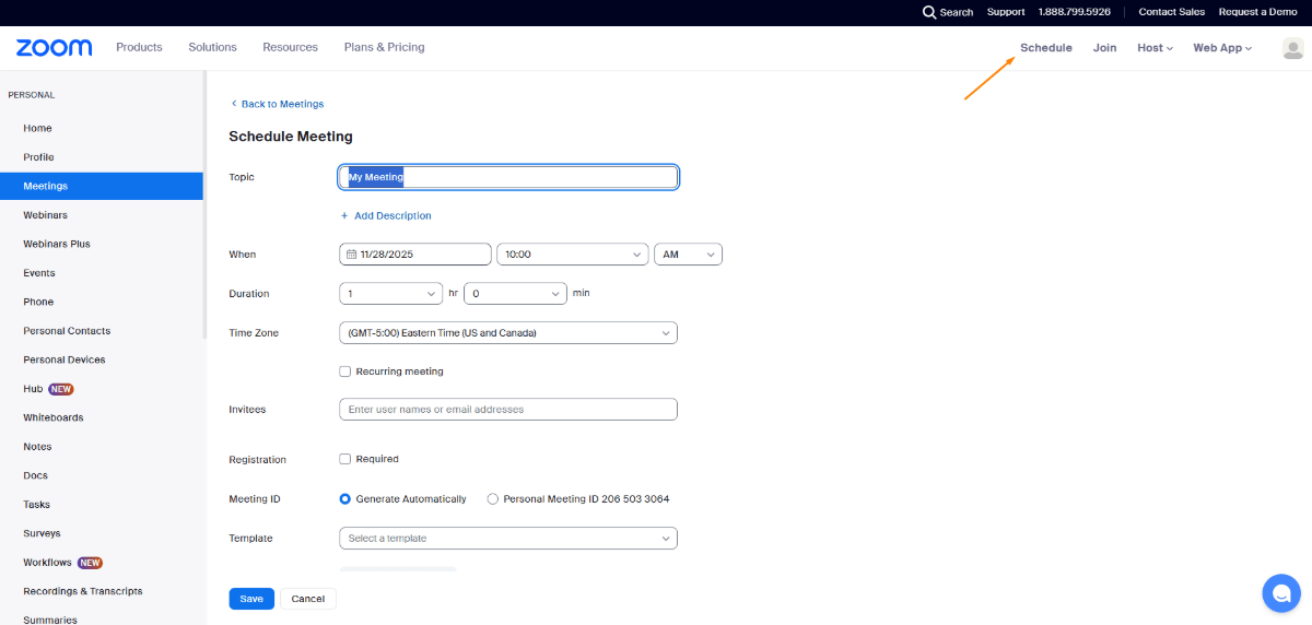 Zoom Schedule Meeting Screenshot of the Zoom user dashboard. The user has clicked the “Schedule” button in the top-right area of the header. This opens a “Schedule Meeting” form where they enter details about the meeting and add invitees.