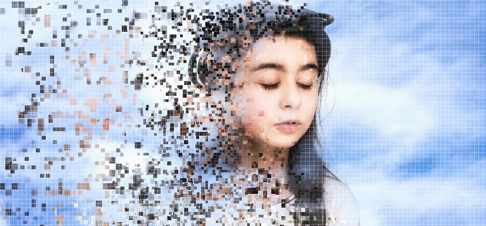 Pixelated Girl in Clouds