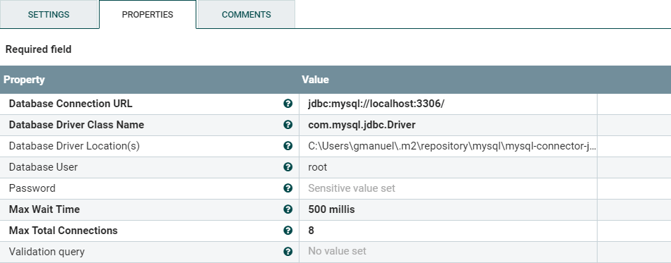 ExecuteSQL Processor’s Database Connection Pooling Service properties