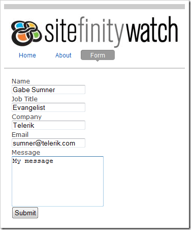 Sample Sitefinity contact form on SitefinityWatch