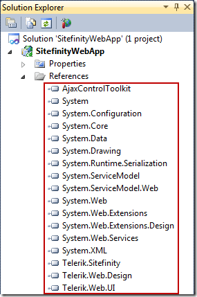 The assembly references in a Sitefinity Web Project