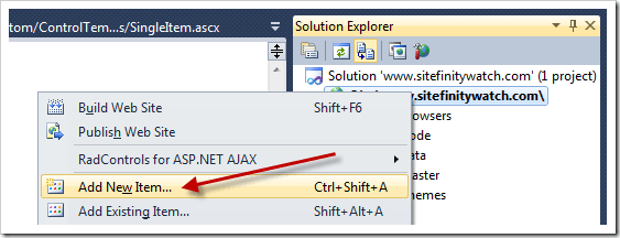 Adding a new item to a Sitefinity web site in Visual Studio