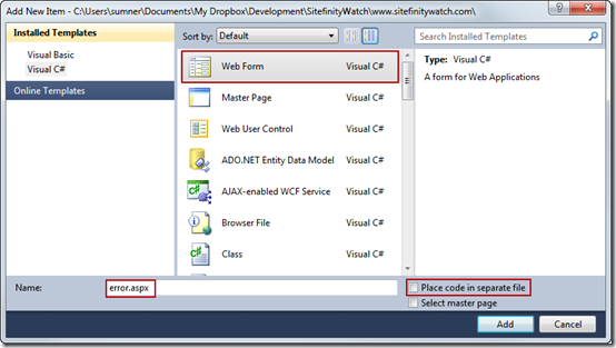 Create an error.aspx web form in Visual Studio