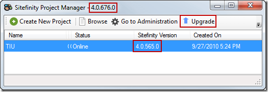 Using the Sitefinity 4.0 windows project manager to upgrade Sitefinity projects