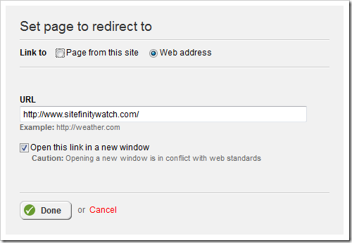 URL redirect options available in Sitefinity 4.1