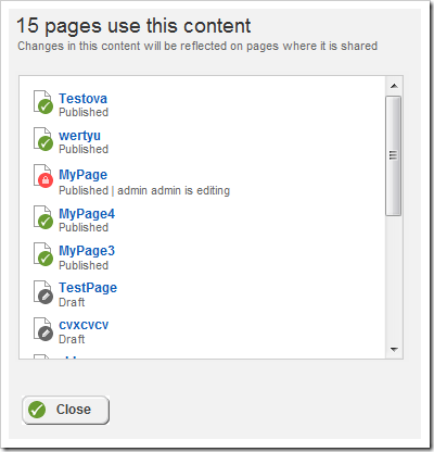 Sitefinity gives a summary of all pages where a shared content item is used