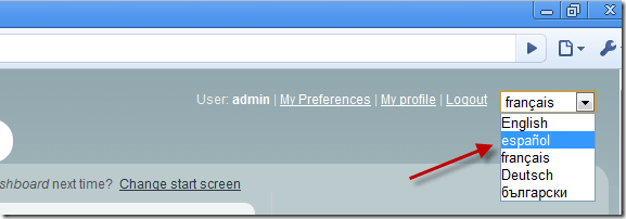 The language dropdown in Sitefinity