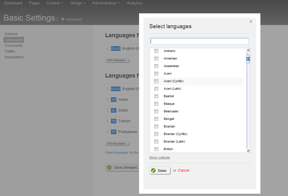 Select backend language dialogue