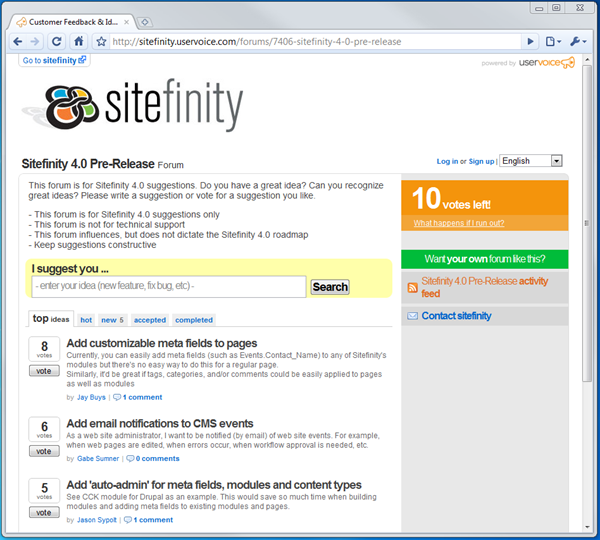 Sitefinity 4.0 Pre-Release UserVoice Forum