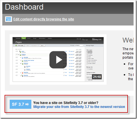 The Sitefinity Migration Tool linked from the Sitefinity Dashboard