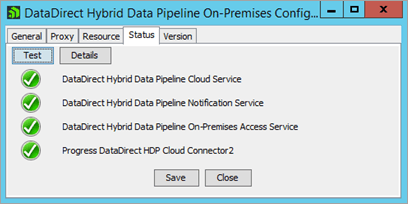 Dialog of Hybrid Data Pipeline On-Premises Configuration Tool with tests returning green