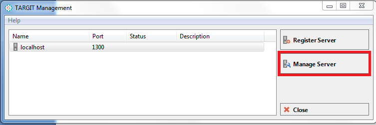2. Run TARGIT Management, select the local server and click on “Manage Server”. 2. Run TARGIT Management, select the local server and click on “Manage Server”.