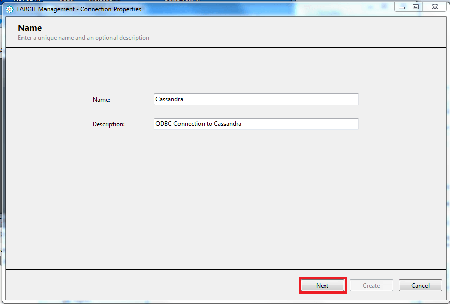 Enter the name for your connection. We will call it Cassandra. The Description field is optional.