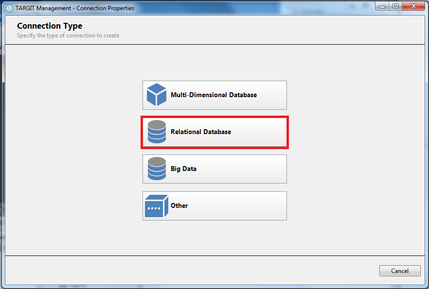 Choose "Relational Database" from the Connection Type window.
