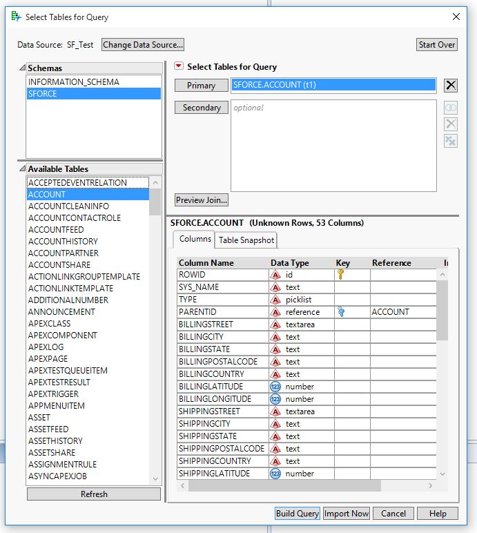 Drag the ‘ACCOUNT’ from the ‘Available Tables’ list and drop it into the ‘Primary’ section.