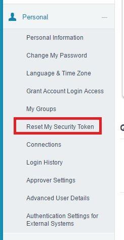 Expand ‘Personal’ to find ‘Reset My Security Token’