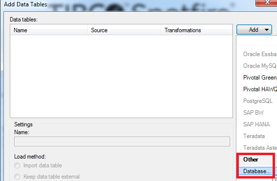 Click Add>Other>Database