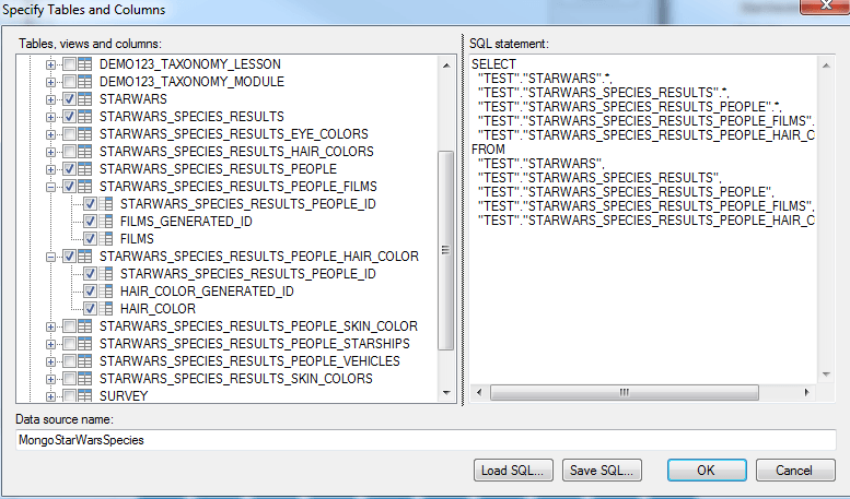 6)	Select the tables you want to import and create a Tibco Data Source Name