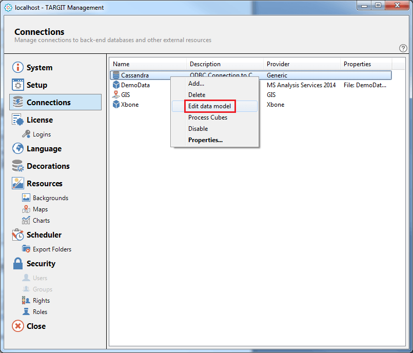 Right click on the Cassandra connection you just created and select Edit data model.