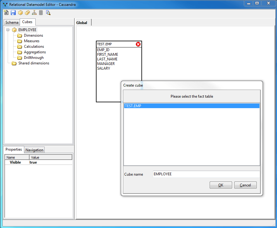 Select and drop the EMP schema to the data Model and create a new cube EMPLOYEES Select and drop the EMP schema to the data Model and create a new cube EMPLOYEES