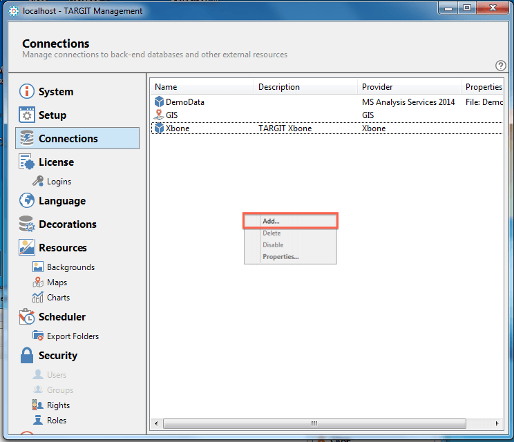 Select Connections from the left side menu, right click somewhere on the right side, and choose 'Add' Select Connections from the left side menu, right click somewhere on the right side, and choose 'Add'