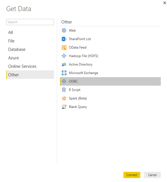 Select ‘Get Data’ - Other - ODBC and Click Connect