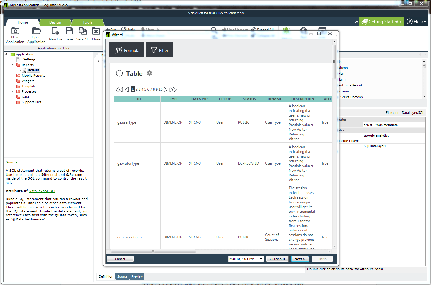 The wizard provides a preview window for fine tuning the query.