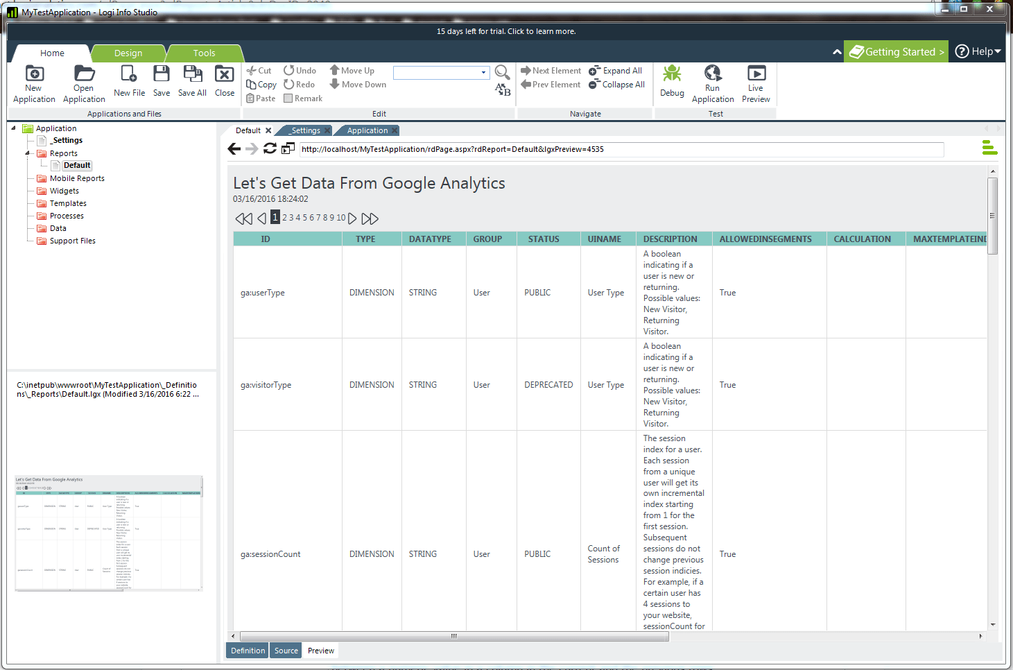 web browser output of the application 