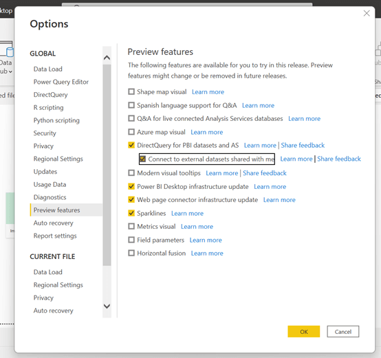options dialog in PowerBI; global category, preview features subcategory selected in the sidebar; the connect to external datasets shared with me option is checked and focused