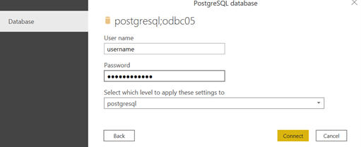 database authentication window with username and password inputs and select which level to apply these settings to set to postgresql
