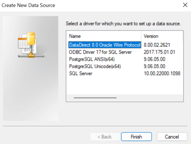 create new data source window; datadirect 8.0 oracle wire protocol selected from list of drivers