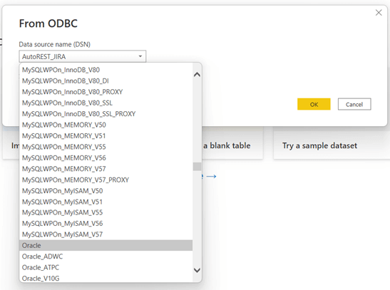 from odbc window; oracle option focused from the data source name (DSN) dropdown