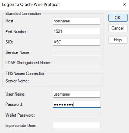 logon to oracle wire protocol window; host set to hostname; port number set to 1521; sid set to ASC; user name set to username; password input filled