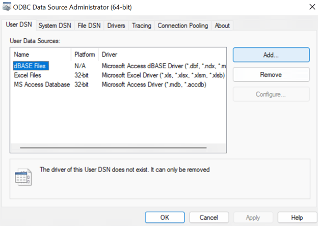 odbc data source administration window; user data sources list dbase files selected