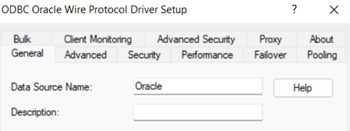 odbc oracle wire protocol driver setup window; general tab; data source name input is set to oracle