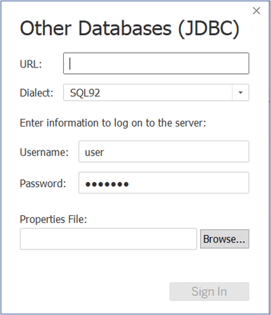 other databases (jdbc) window; url input focused and empty; dialect set to SQL92, username set to user, password filled and an empty properties file input
