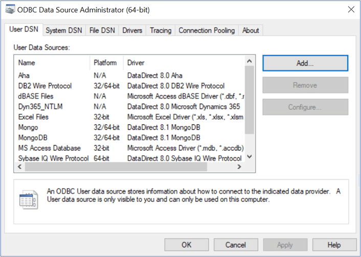 odbc data source administration window; user dsn tab open with a list of user data sources visible and the add button focused
