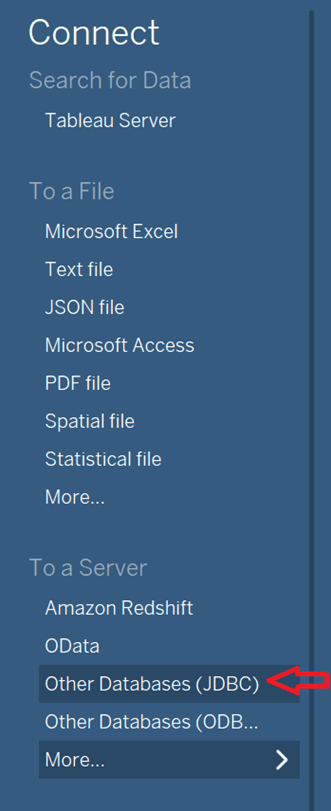 connect to a server; other databases (jdbc) selected under the to a server subsection
