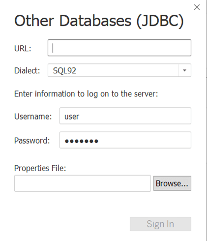 other databases (jdbc) window with url, dialect username password and properties file fields