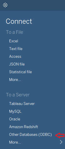 connect panel; other databases (odbc) is highlighted in the to a server section