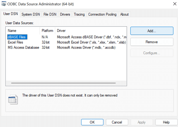 odbc data source administratior window dbase files selected from the list of user data sources