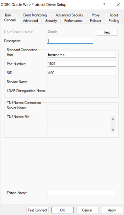 odbc oracle wire protocol driver setup window; empty description field focused, host set to hostname, port number set to 1521, SID set to ASC and edition name field empty