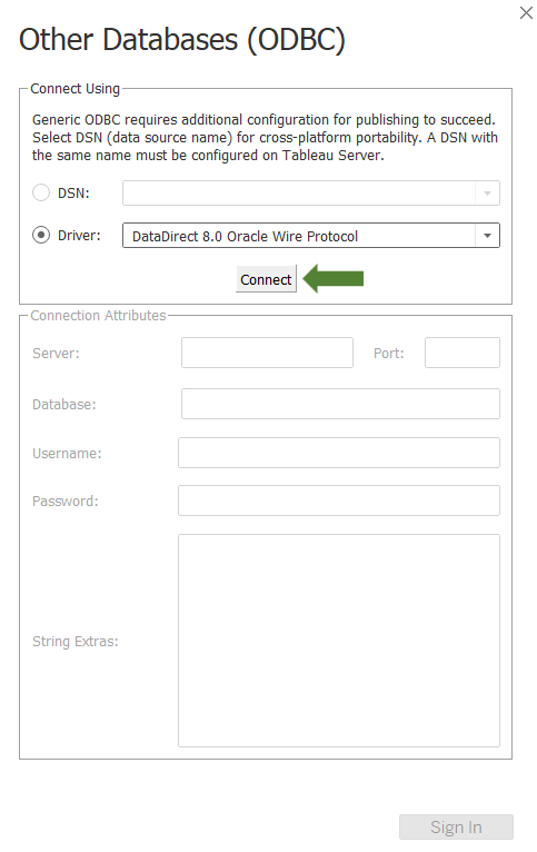 other databases odbc window; datadirect 8.0 oracle wire protocol selected from the driver dropdown and connect button highlighted