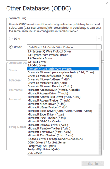 other databases odbc window; datadirect 8.0 oracle wire protocol selected from the driver dropdown