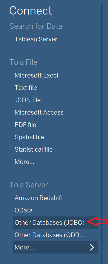 connect dialog; other databases (jdbc) selected in the to a server category