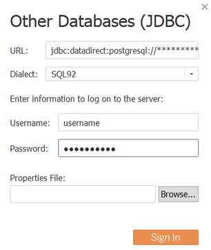other databases (jdbc) window with filled URL with the connection string, dialect set to SQL92, username set to username, a filled password field and an empty properties file field